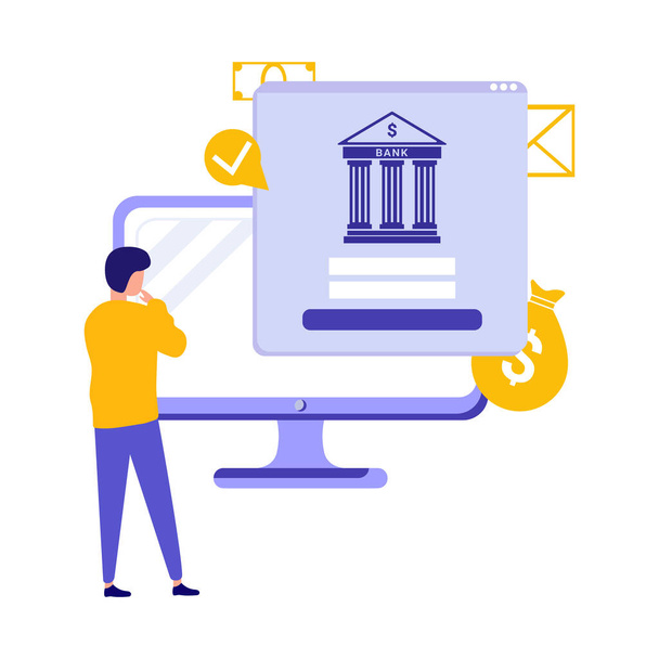 Mobil banki koncepció illusztráció a laptopot és mobiltelefont online banki és számviteli célokra használó emberekről - Vektor, kép