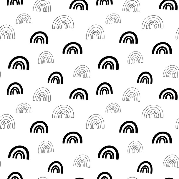 Rainbow seamless pattern, black and white hand-drawn arc doodle digital paper, abstract rainbows repeating background, the monochrome band of color vector wallpaper, cute bow decorative element, modern vintage rainbow patterns for wrapping paper - Vector, Image