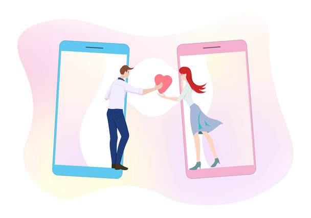 Jonge man flirten met mooie vrouw via smartphone - Vector, afbeelding
