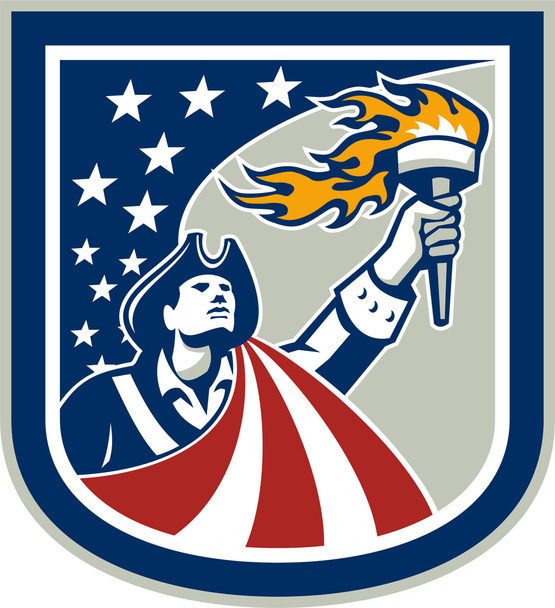 Patriota americano segurando o escudo da bandeira da tocha
 - Vetor, Imagem