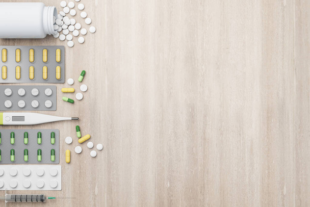 Blank wooden mockup background with variety of pharmaceutical medicine pills, tablets, capsules and thermometer placed leftwards. Medication concept. Mockup. 3D rendering - Φωτογραφία, εικόνα