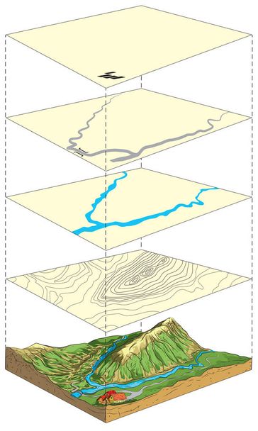 Illustratie van het terreinmodel en zijn weergave op topografische kaart in lagen. - Vector, afbeelding
