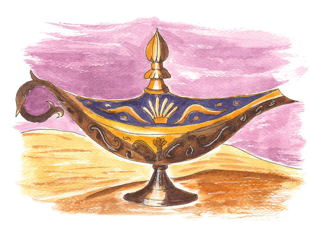 Aladins Lampe vorhanden. Aquarellzeichnung. Aladdins magische goldene Lampe. - Foto, Bild
