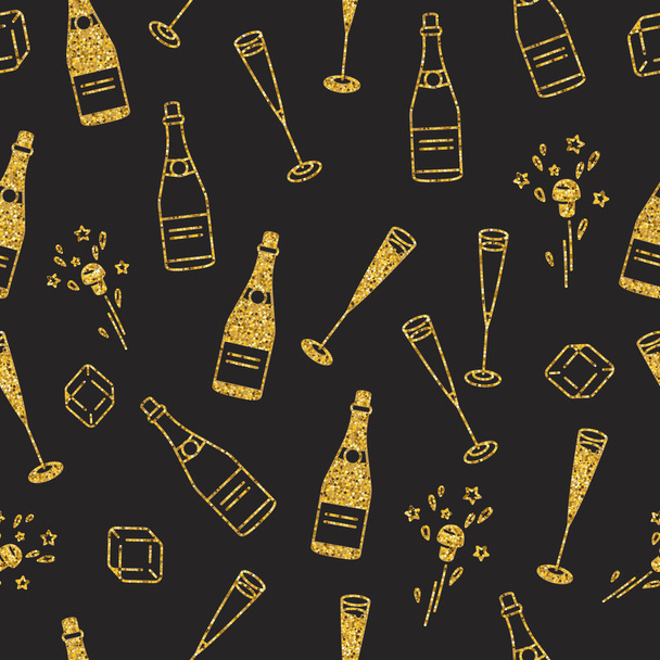 Holiday seamless pattern with cham and extracted cork.Glitery shining golden objects on black for holiday decorations. Flat colors only. - Vector, Image