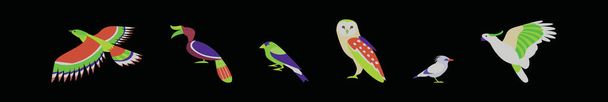 σύνολο ζώων πτηνών πρότυπο σχεδίασης εικονίδιο κινουμένων σχεδίων με διάφορα μοντέλα. σύγχρονη διανυσματική απεικόνιση απομονωμένη σε μαύρο φόντο - Διάνυσμα, εικόνα