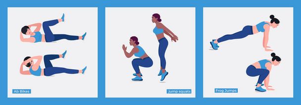 Workout 3 Set Übungen, Women Workout Fitness, Aerobic und Übungen. Vektorillustration. - Vektor, Bild
