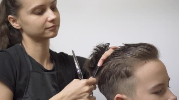 Peluquería chica usando tijeras corta el cabello del cliente utilizando la técnica de corte de punto. - Imágenes, Vídeo