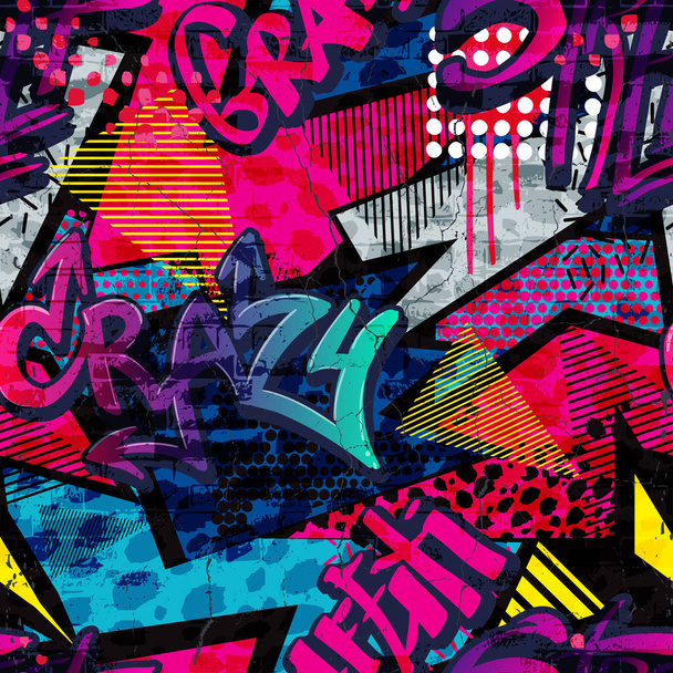 Abstract bright graffiti pattern. With bricks, paint drips, words in graffiti style. Graphic urban design for textiles, sportswear, prints. - Vector, Image