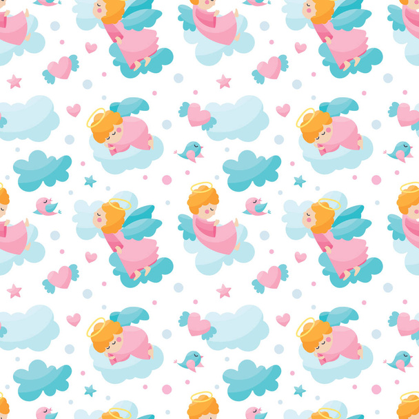 Seamless cute vector pattern with baby angels characters with wings, cloud, heart, star for kids - Διάνυσμα, εικόνα