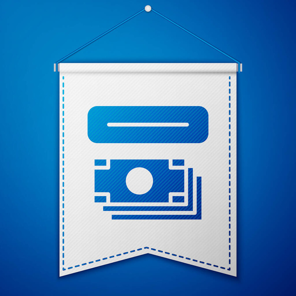 Blauer Geldautomat - Geldautomat und Geldsymbol isoliert auf blauem Hintergrund. Weiße Wimpelvorlage. Vektor. - Vektor, Bild