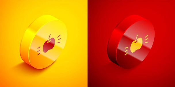 Izometrická ikona Apple izolované na oranžovém a červeném pozadí. Ovoce se symbolem listu. Kruhové tlačítko. Vektor. - Vektor, obrázek