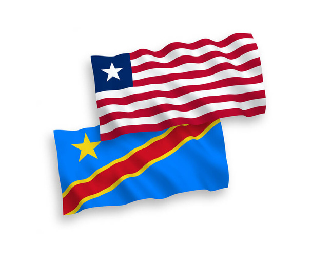 Εθνικές σημαίες κύμα ύφασμα διάνυσμα της Λιβερίας και της Λαϊκής Δημοκρατίας του Κονγκό απομονώνονται σε λευκό φόντο. 1 έως 2 αναλογία. - Διάνυσμα, εικόνα