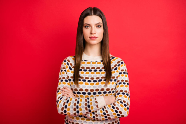 Photo portrait of confident student crossed hands wearing casual sweater isolated bright red color background - Valokuva, kuva
