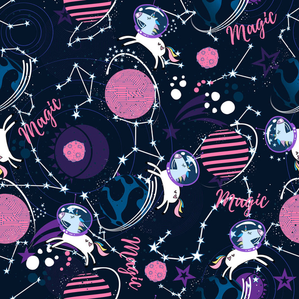 Hand drawn seamless vector pattern with cute unicorns, stars and planet. Kids magic background. Space background. print for T-shirts, textiles, wrapping paper, web. - Vector, Image