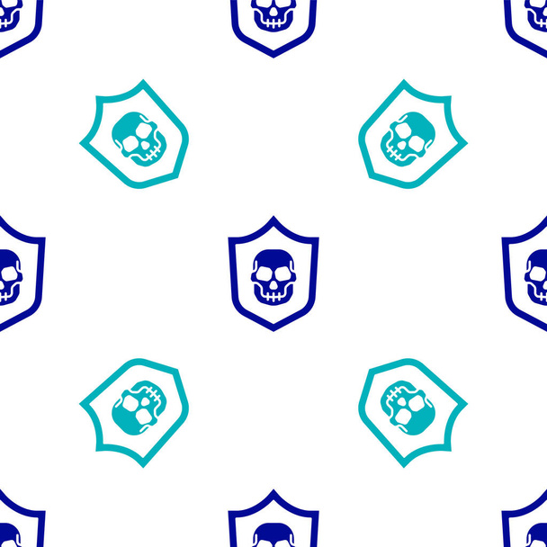 Blaues Schild mit Piratenschädel-Symbol isoliert nahtlose Muster auf weißem Hintergrund. Vektor. - Vektor, Bild