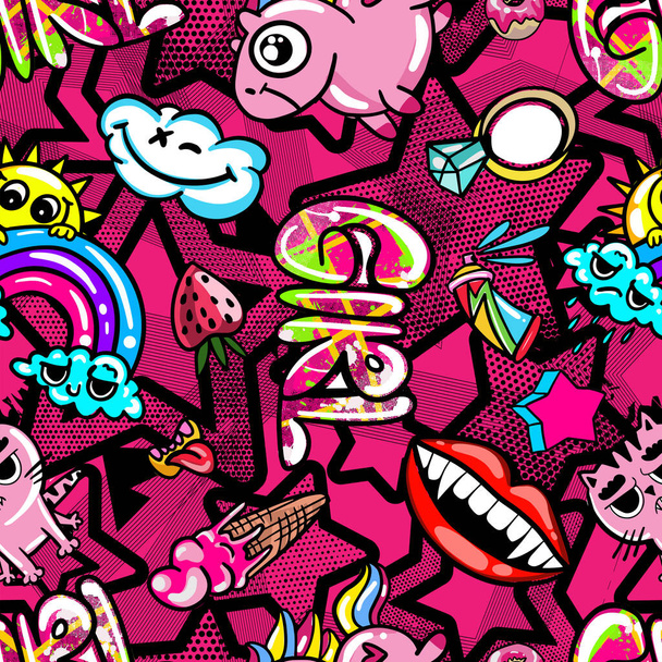 handgezeichnete Mode Mädchen Muster. Farbenfrohe moderne Teenager mit Graffiti-Elementen, Aufklebern. mädchenhafter Druck für Textilien, Kleidung, Geschenkpapier. - Vektor, Bild