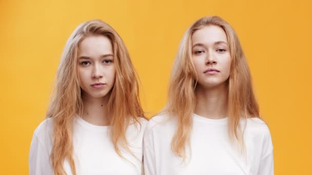 Glückliche junge rothaarige Zwillingsschwestern blicken ernst in die Kamera und beginnen zu lächeln, orangefarbener Studiohintergrund - Filmmaterial, Video