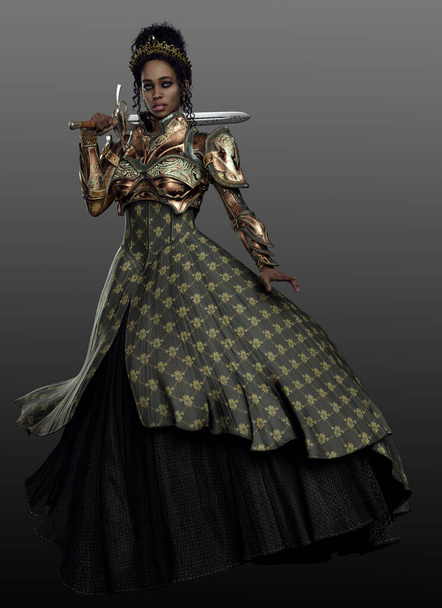 Fantasy POC Queen in Armor and Green Brocade Dress with Sword - Photo, Image