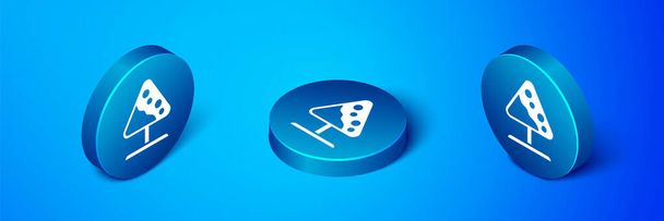 Isometric Road sign avalanches icon isolated on blue background. Snowslide or snowslip rapid flow of snow down a sloping surface. Blue circle button. Vector. - Vector, Image