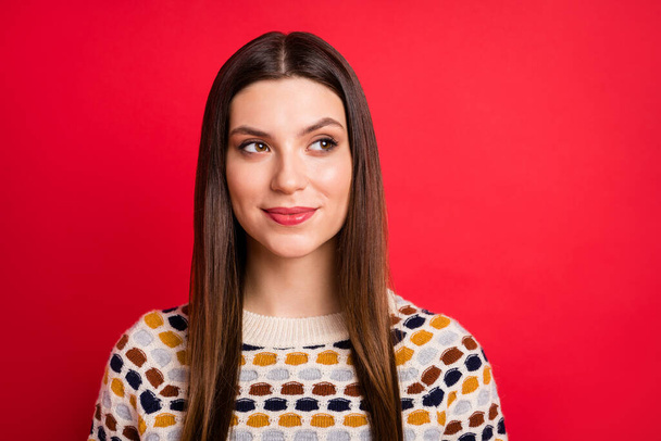 Portrait of optimistic girl look empty space wear light sweater isolated on red color background - Φωτογραφία, εικόνα