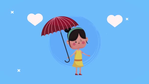 χαριτωμένο μικρό κορίτσι εραστής με καρδιές και ομπρέλα χαρακτήρα - Πλάνα, βίντεο