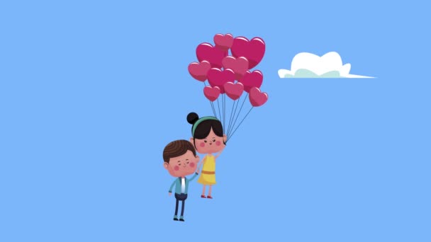 lindo poco amantes pareja con corazones globos helio flotante caracteres - Imágenes, Vídeo