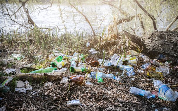 Πλαστικό σκουπιδιών στη φύση. Η ρύπανση του περιβάλλοντος. Οικολογική καταστροφή. Πράσινο βρώμικο νερό. - Φωτογραφία, εικόνα