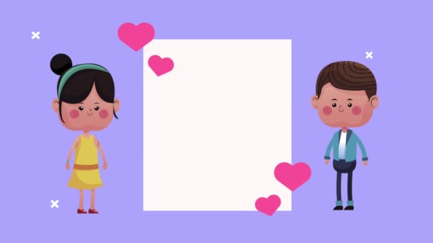 χαριτωμένο ζευγάρι εραστές με καρδιές που επιπλέουν σε τετράγωνο πλαίσιο - Πλάνα, βίντεο