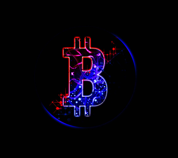 Signo de Bitcoin sobre fondo negro. Nuevas ideas de inversión. - Foto, imagen