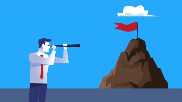 élégant homme d'affaires travailleur avec télescope et drapeau de réussite en montagne - Séquence, vidéo