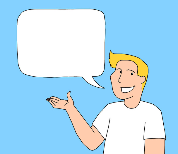 Ilustracja młodego człowieka mówiącego coś z pustą bańką komiksową, by umieścić wiadomość, którą chcesz - Zdjęcie, obraz