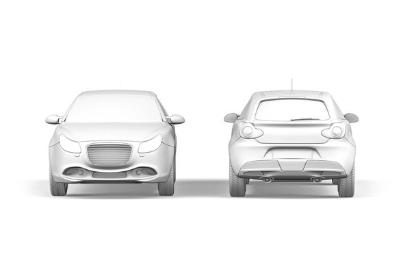 Hatchback personenauto mockup op witte achtergrond - voor- en achteraanzicht - 3D render - Foto, afbeelding