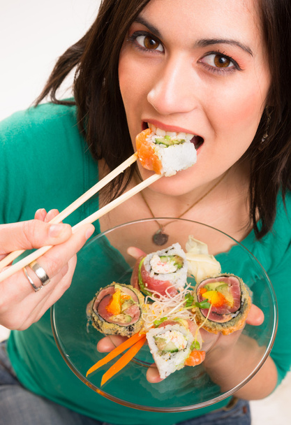 Candid Close Portrait Cute Brunette Woman Raw Food Sushi Lunch - Photo, image