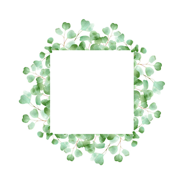 Quadratischer Rahmen mit Eukalyptusblättern. Florale Aquarell-Illustration mit grünem Blatt und Zweigen - Foto, Bild