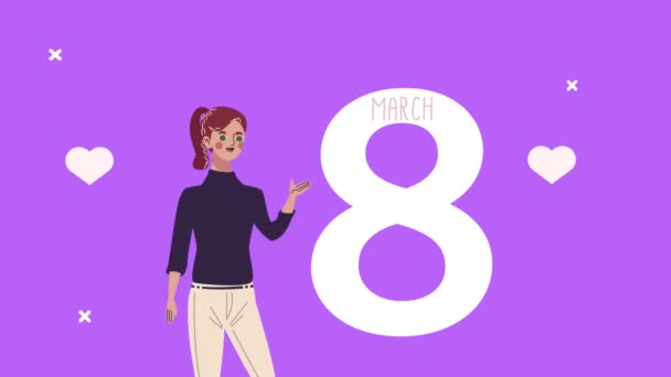happy womens day card with cute lady and number 8 - Footage, Video