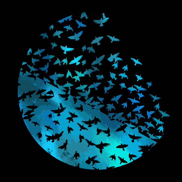 Vogelaquarel. Een kudde kleurrijke vogels. Gemengde media. Abstractie in een cirkel van een vogel. Vectorillustratie - Vector, afbeelding