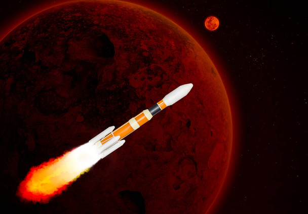 Модель оранжевой и белой многоступенчатых космических ракет летает на разведку над красной планетой на высокой скорости в галактике. - Фото, изображение