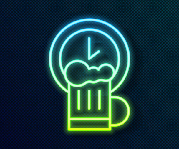 Glowing neon line Happy hour with wooden beer mug icon isolated on black background.  Vector - Vector, Image