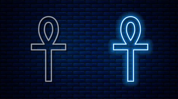 Gloeiende neon lijn Cross ankh pictogram geïsoleerd op baksteen muur achtergrond. Vector - Vector, afbeelding
