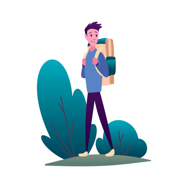 Hiking. Man with backpack, traveller or explorer stand and looking. Concept of discovery, exploration or adventure tourism and travel. Flat vector illustration - Vector, Image