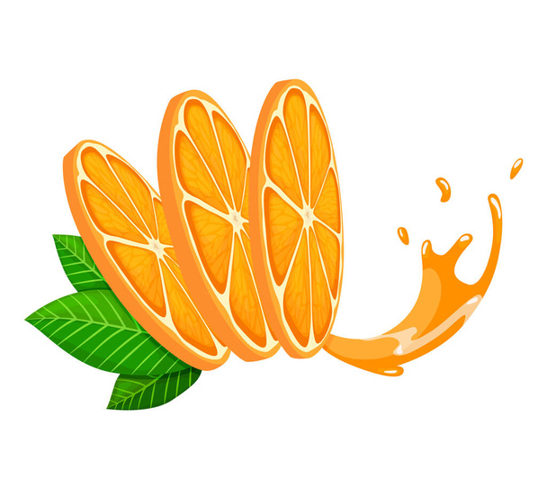 Orange mûre fraîche. Fruit en morceaux avec des feuilles. Illustration vectorielle dans un style plat. Publicité de jus - Vecteur, image