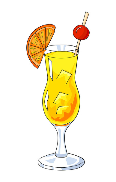 Summer drink with ice. Vector illustration. Hand drawing. Yellow juice with a slice of orange and cherry. isolated. - Vector, Imagen