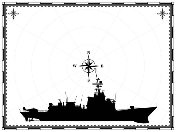 Vektor-Militärschiff auf dem Hintergrund der Karte. Der Wind stieg. Vektorillustration. - Vektor, Bild