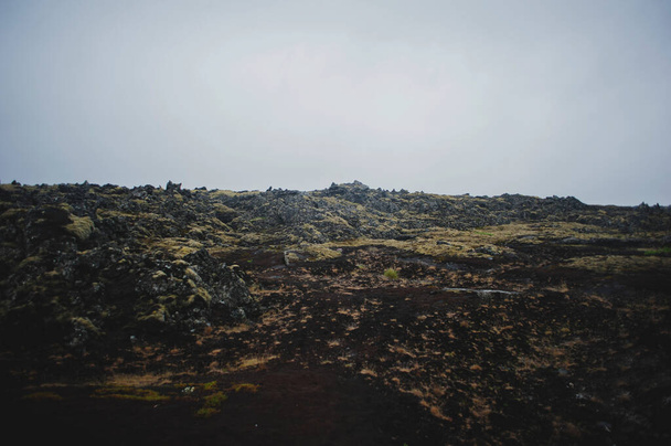 Nahaufnahme von vulkanischer Lava und gelbem Moos in der blauen Lagune. Island - Foto, Bild