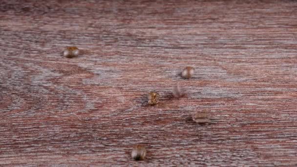 Ρίχνει πολλούς καβουρδισμένους κόκκους καφέ σε ένα ξύλινο τραπέζι - Πλάνα, βίντεο