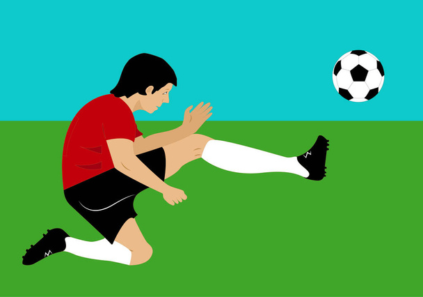 Jugador de fútbol lanzando la pelota. Patada de futbolista. a la pelota en el campo de fútbol - Vector, imagen