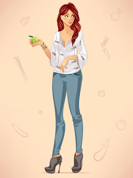 mujer sosteniendo una manzana
 - Vector, Imagen