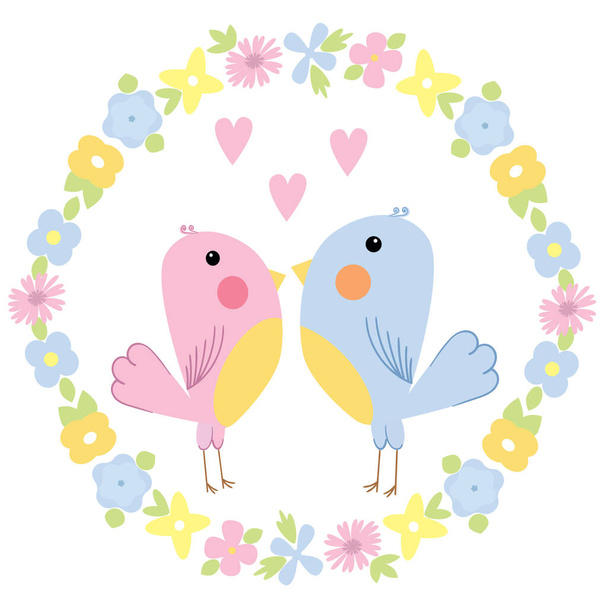 Vector abstract birds isolated on white background with frame of flowers. Cute enamored birds  cartoon flat style. Illustration on the theme of love. - Vektör, Görsel