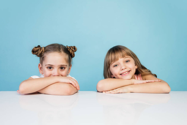 Happy kids, girls isolated on blue studio background. Look happy, cheerful, sincere. Copyspace. Childhood, education, emotions concept - Photo, image