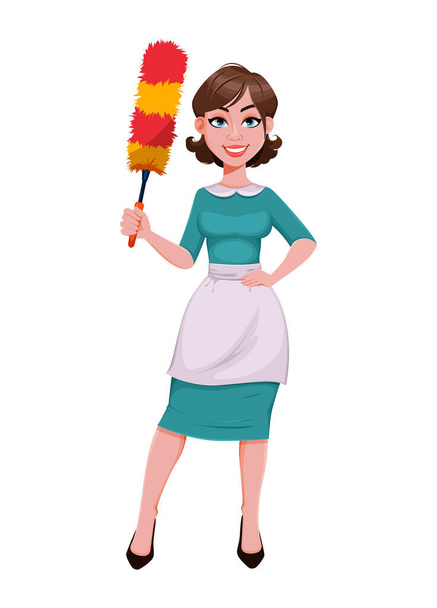 Young cheerful housekeeper, mother, beautiful successful woman. Cheerful lady in apron holding dust brush. Stock vector illustration - Vector, Image